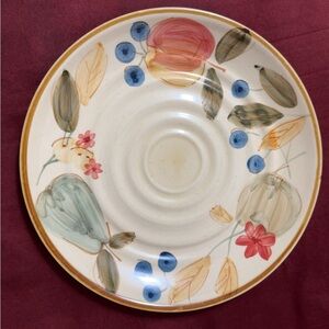 VintageGibson Cream Ceramic Saucer with Blue Berries and Multicolor Floral Motif